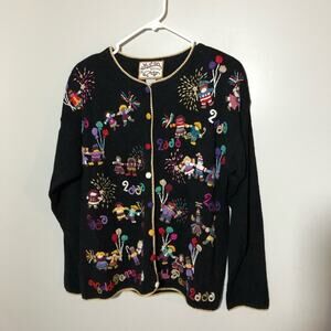 Vintage Heirloom Collectibles world party 2000 black cardigan sweater colorful S